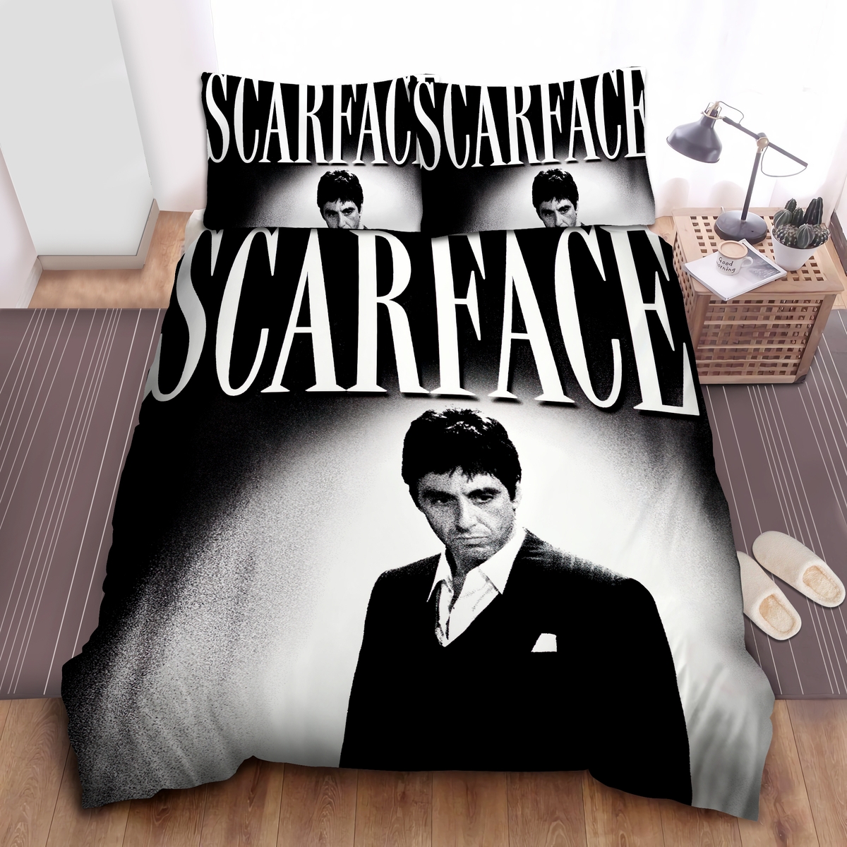 Scarface Tony Montana In Vintage Black & White Photo Bed Sheets Spread Duvet Cover Bedding Set - Unique Anime Apparel for Fans
