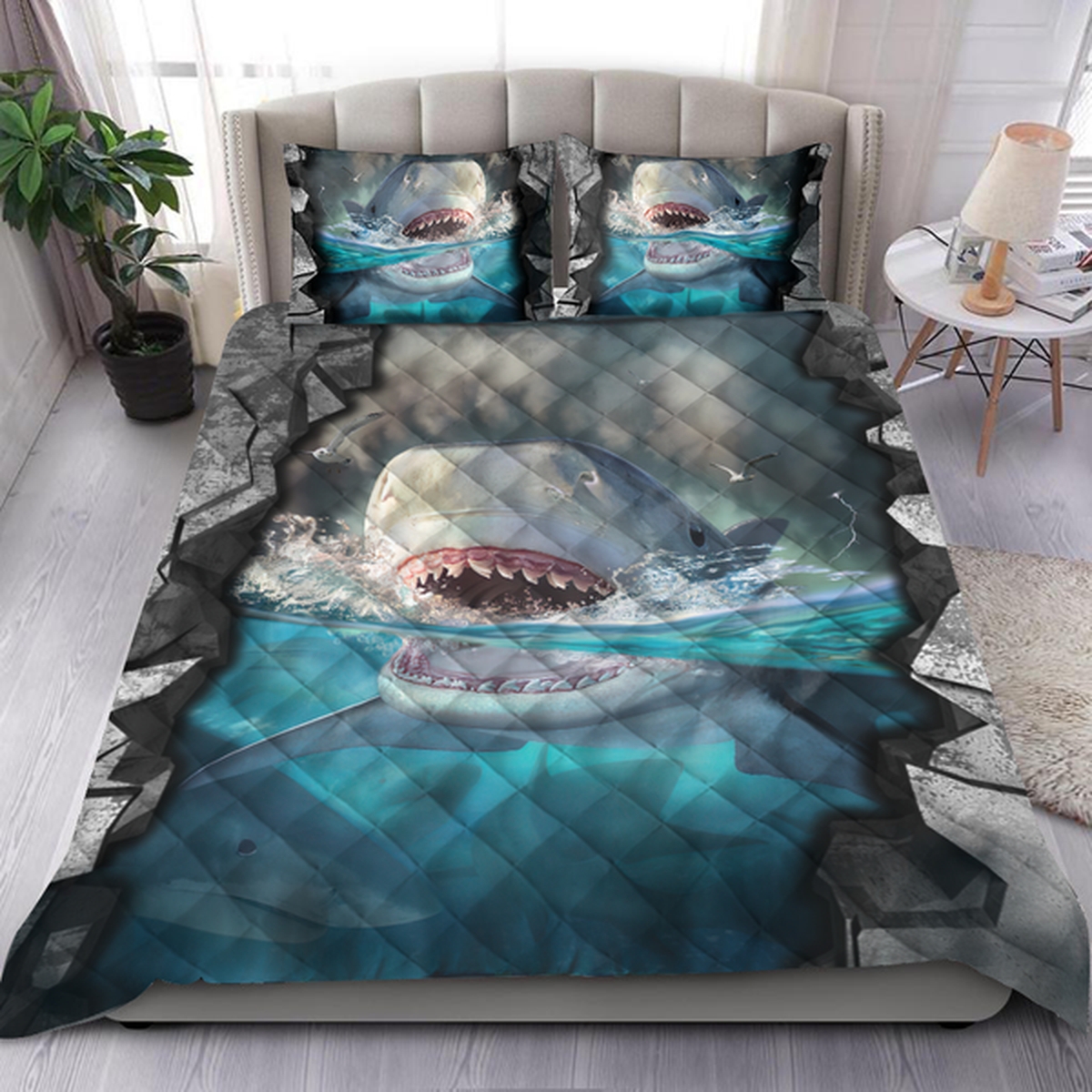 Scary Shark Quilt Bedding Set - Unique Anime Apparel for Fans