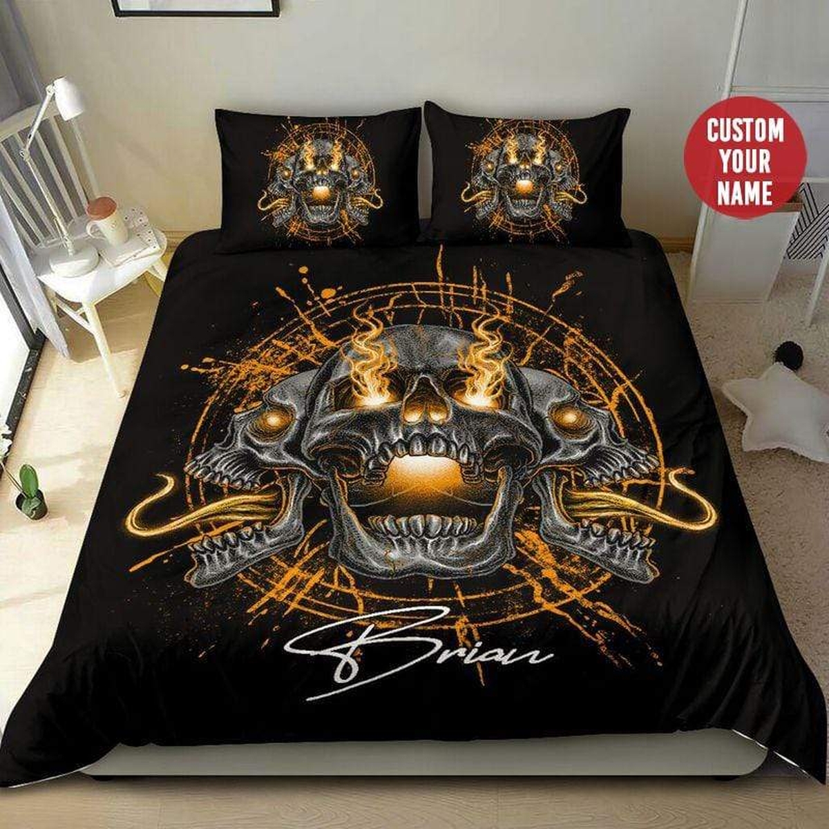 Scary Three Skulls Personalized Custom Name Duvet Cover Bedding Set - Unique Anime Apparel for Fans