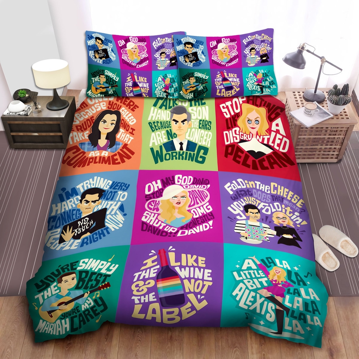 Schitt's Creek Characters Iconic Quotes And Portraits Bed Sheets Spread Comforter Duvet Cover Bedding Set - Unique Anime Apparel for Fans