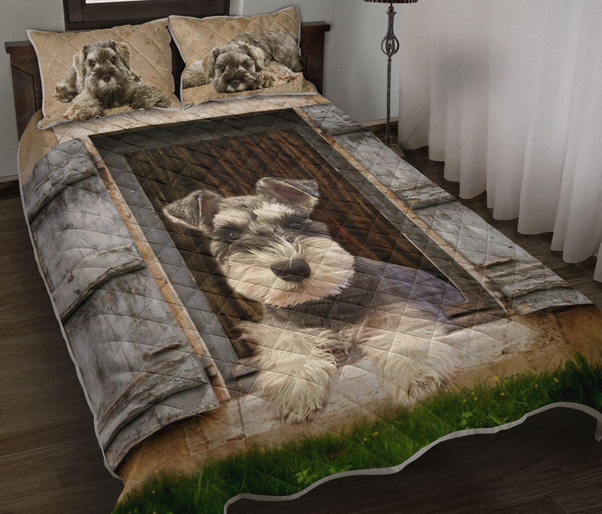 Schnauzer Windown Vintage Quilt Bedding Set - Unique Anime Apparel for Fans