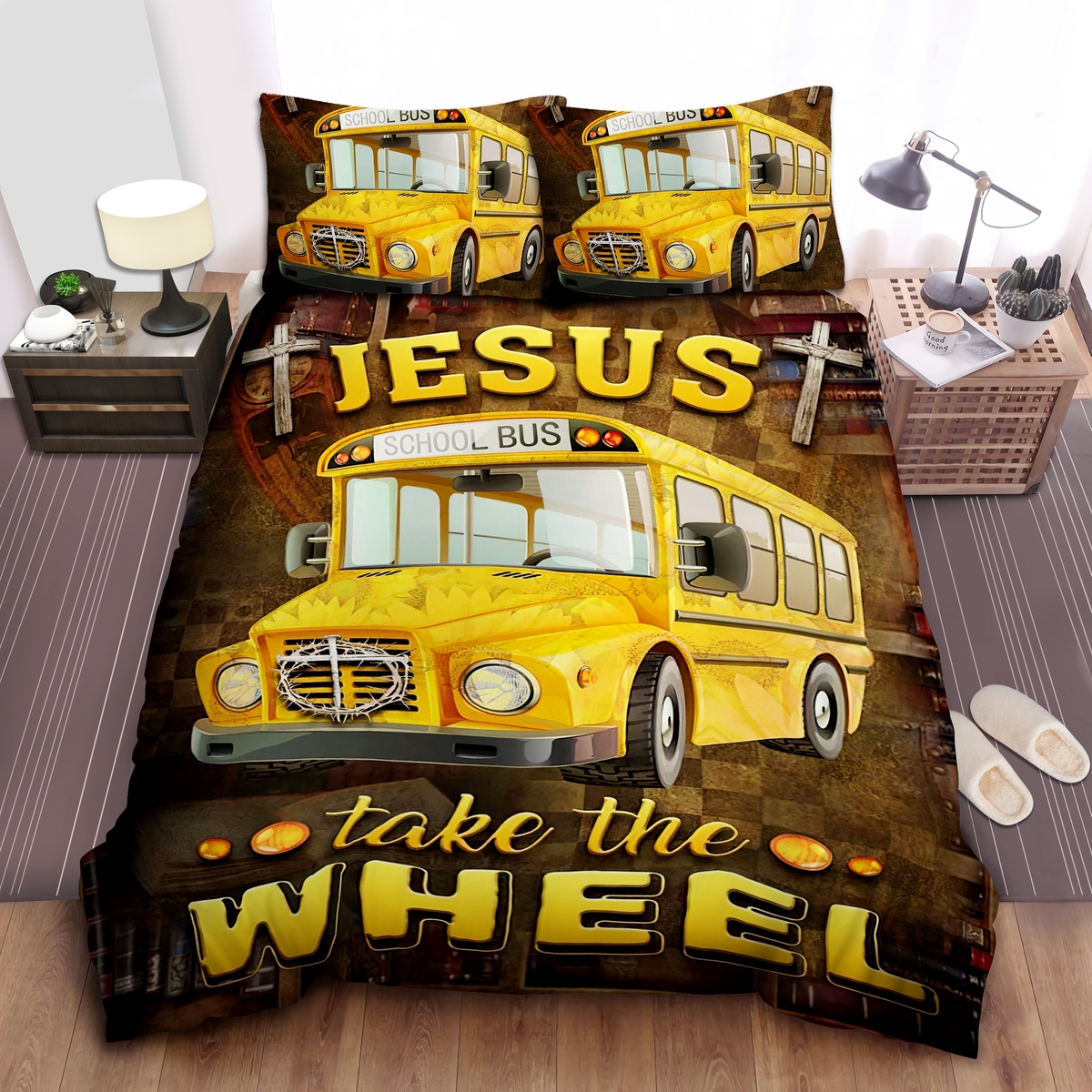 School Bus Driver Jesus Take The Wheel Bed Sheets Spread Duvet Cover Bedding Set - Unique Anime Apparel for Fans