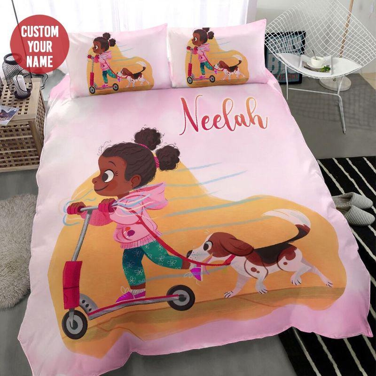Scooter Black Girl With Lovely Kid Custom Name Duvet Cover Bedding Set - Unique Anime Apparel for Fans