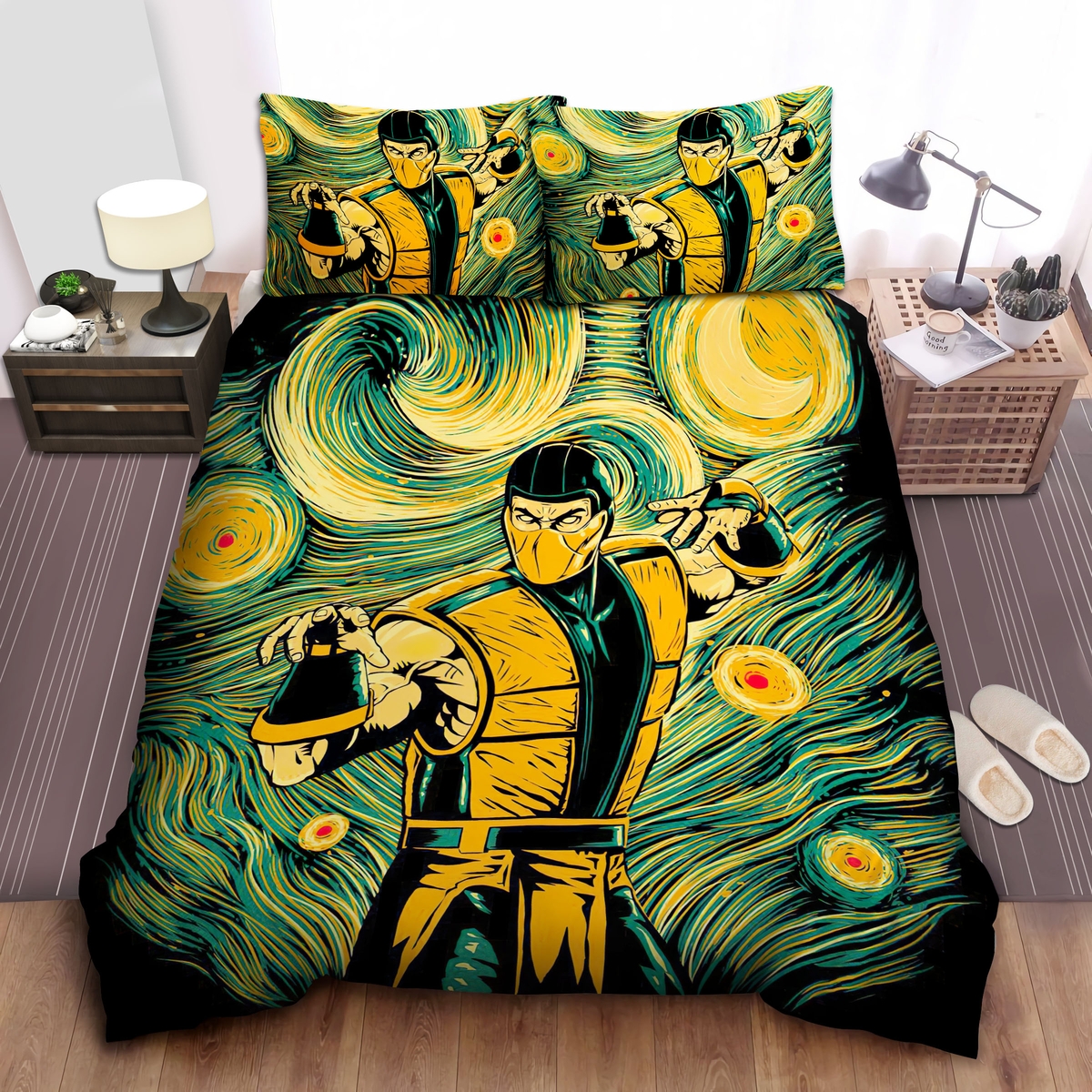 Scorpion From Mortal Kombat In Starry Artwork Bed Sheets Spread Duvet Cover Bedding Set - Unique Anime Apparel for Fans