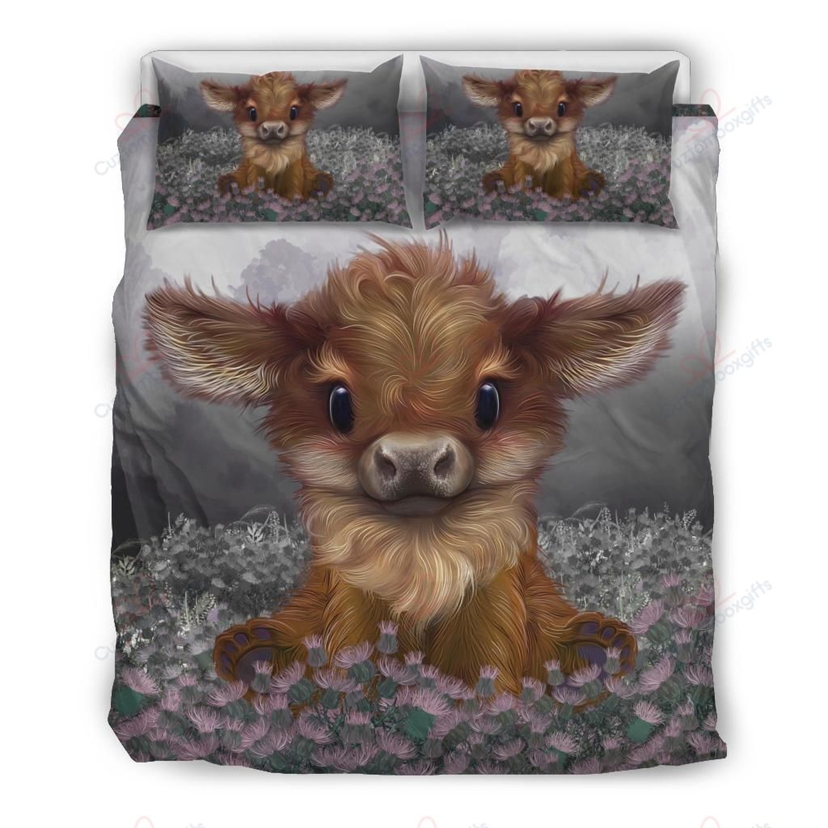 Scotland Highland Cow Calf Thistle Bed Sheets Spread Duvet Cover Bedding Set - Unique Anime Apparel for Fans