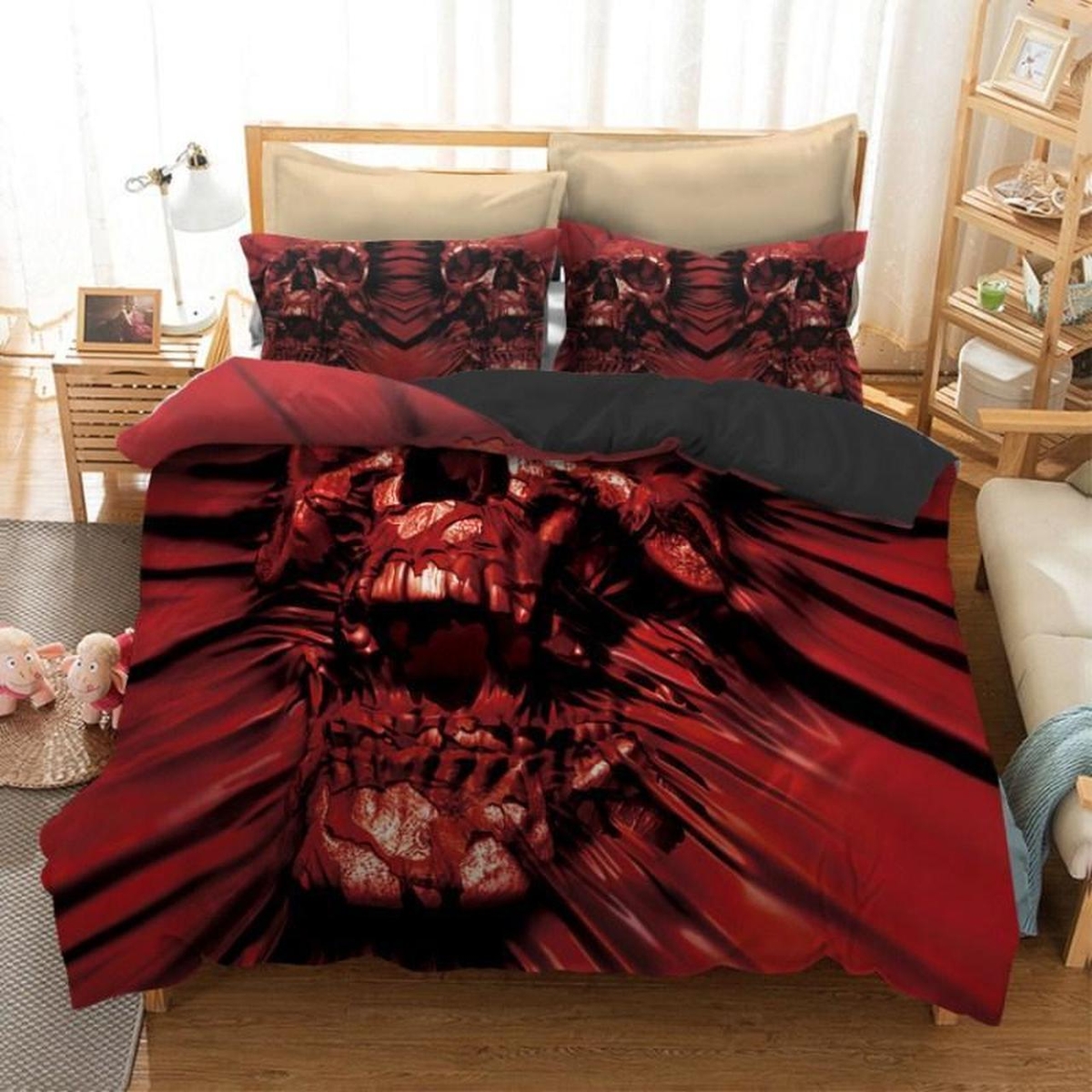 Screaming Skull Blood Splatter Bedding Set (Duvet Cover & Pillow Cases) - Unique Anime Apparel for Fans