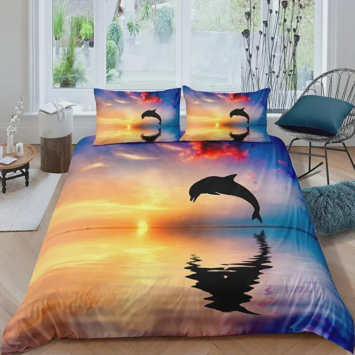 Sea Dolphin Cover Set Abstract Animal Duvet Cover Pastel Colorful Sunset Bedding Set(Duvet Cover & Pillow Cases) - Unique Anime Apparel for Fans
