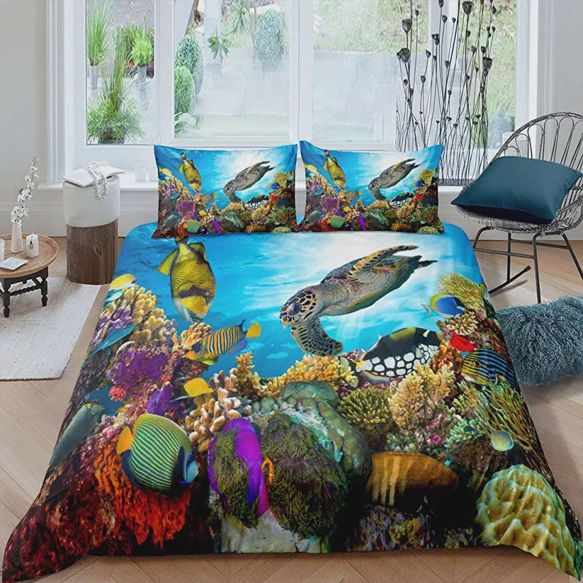 Sea Turtle Cover Tortoise Goldfish Bedding Set Coral Underwater Oasis Duvet Cover Blue Ocean - Unique Anime Apparel for Fans