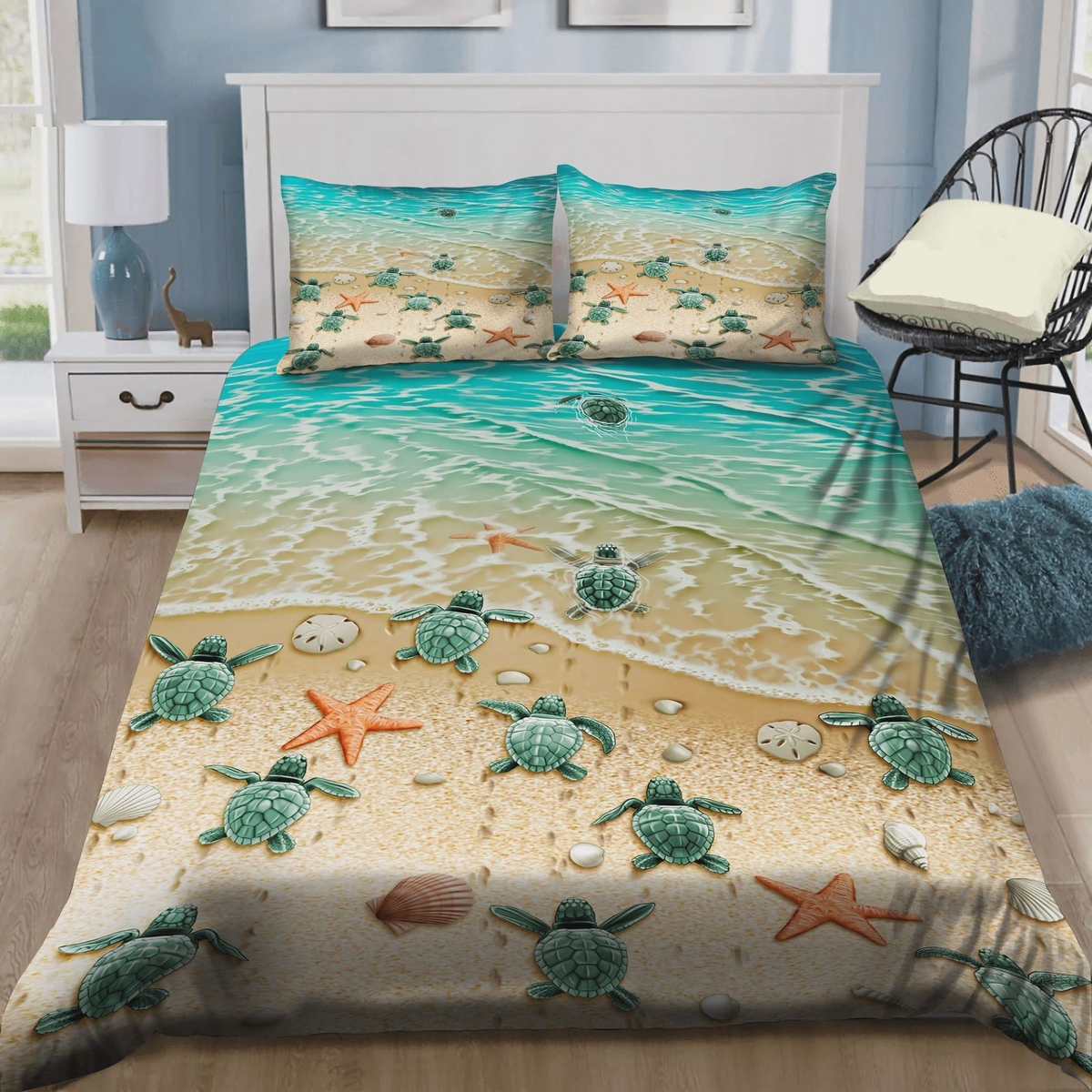 Sea Turtles Starfish On The Sea Bed Sheets Spread Duvet Cover Bedding Set - Unique Anime Apparel for Fans