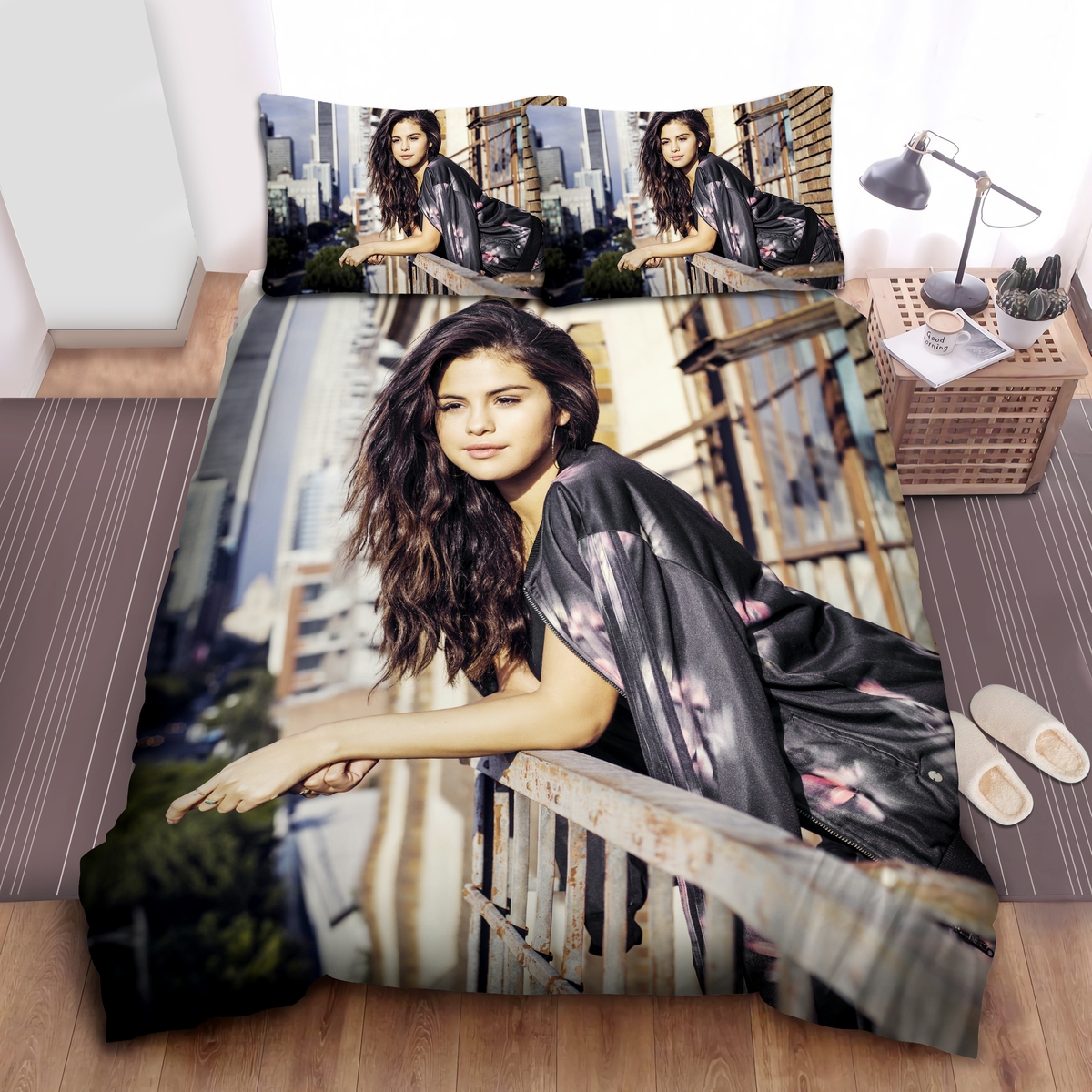 Selena Gomez On Balcony Bed Sheets Spread Duvet Cover Bedding Set - Unique Anime Apparel for Fans