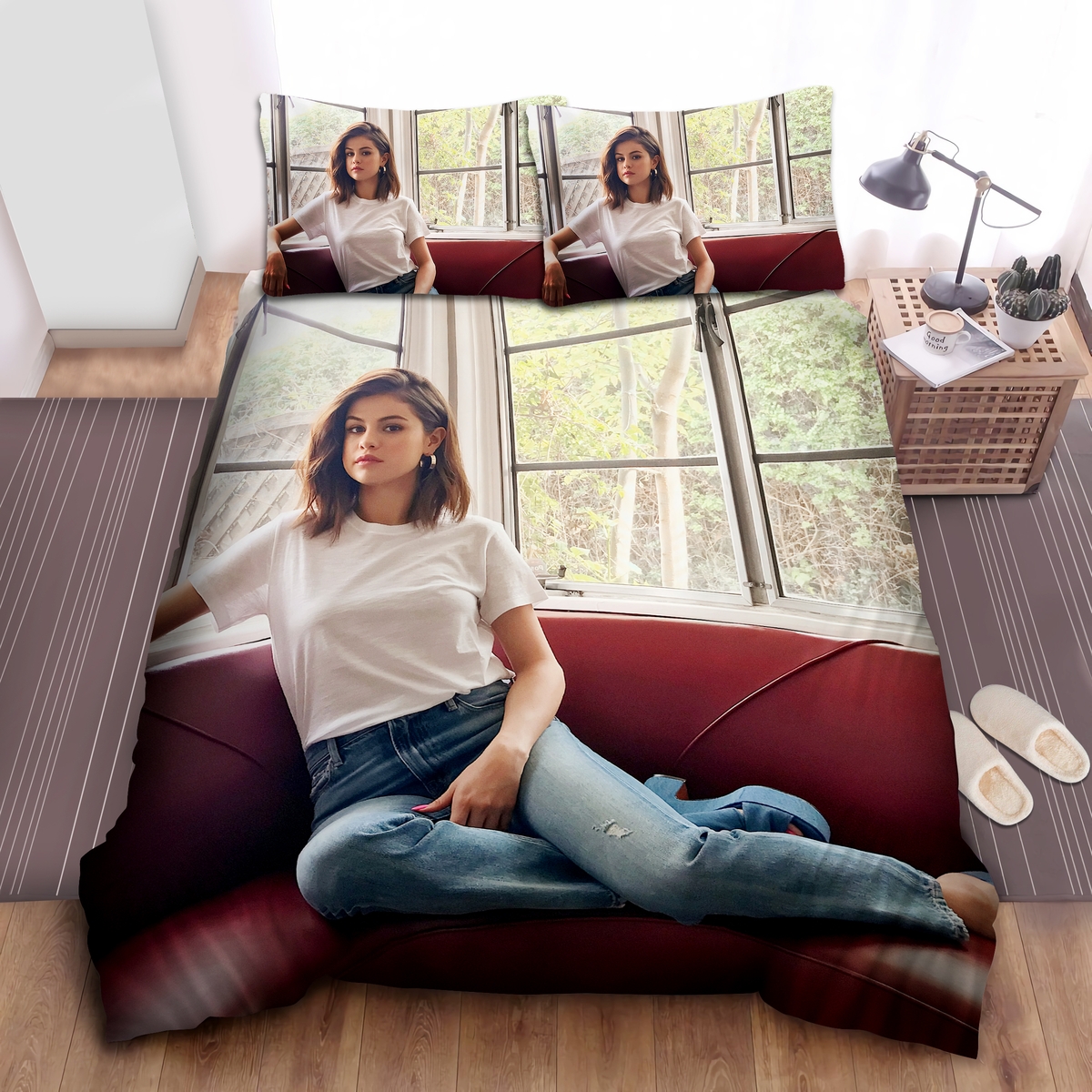 Selena Gomez Sitting On Red Couch Bed Sheets Spread Duvet Cover Bedding Set - Unique Anime Apparel for Fans