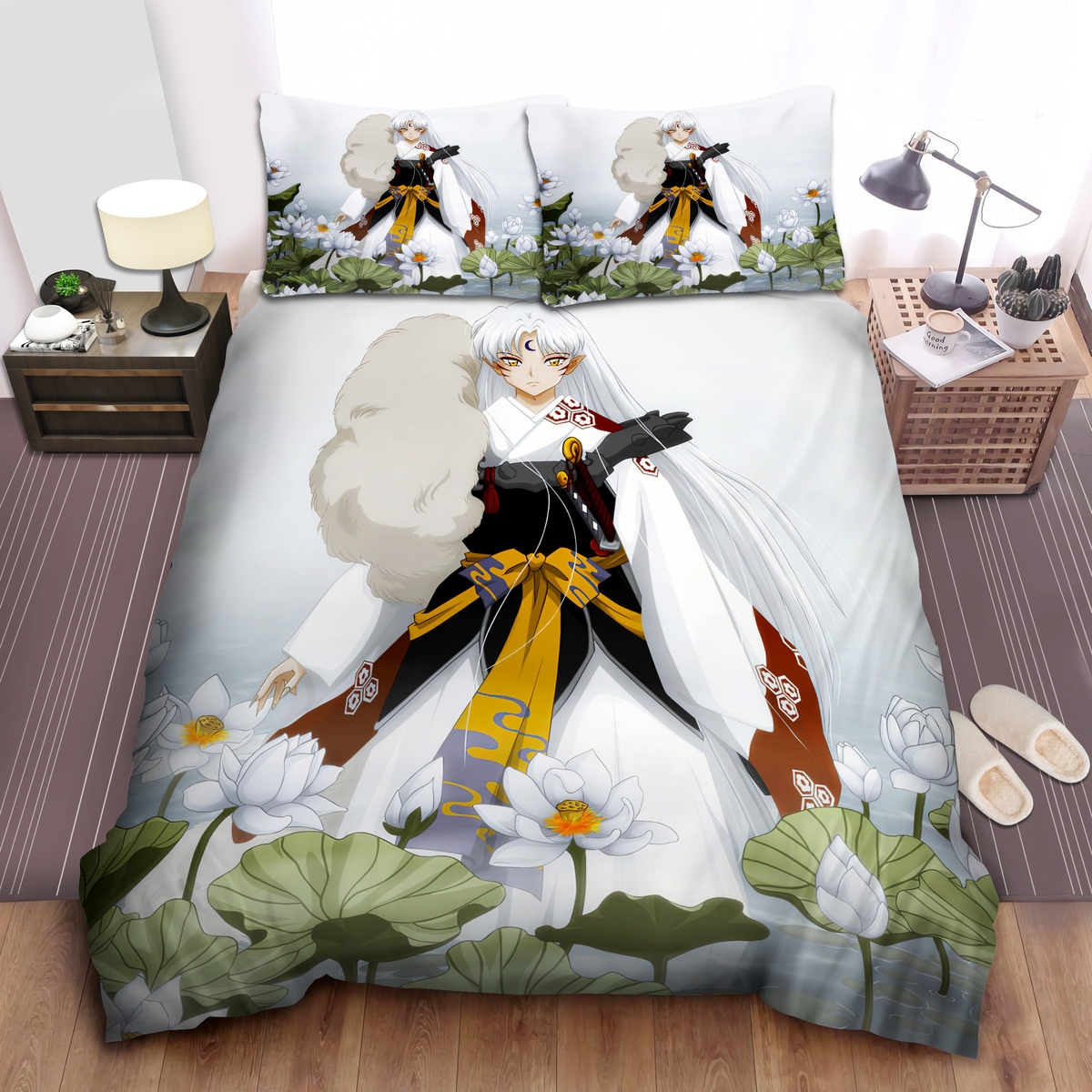 Sesshomaru And Lotus Bed Sheets Spread Duvet Cover Bedding Set - Unique Anime Apparel for Fans