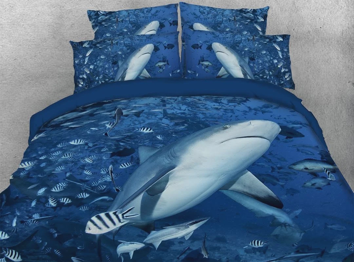 Shark and Fish In Ocean Under The Sea 3D Bed Sheets Spread Duvet Cover Bedding Set - Unique Anime Apparel for Fans