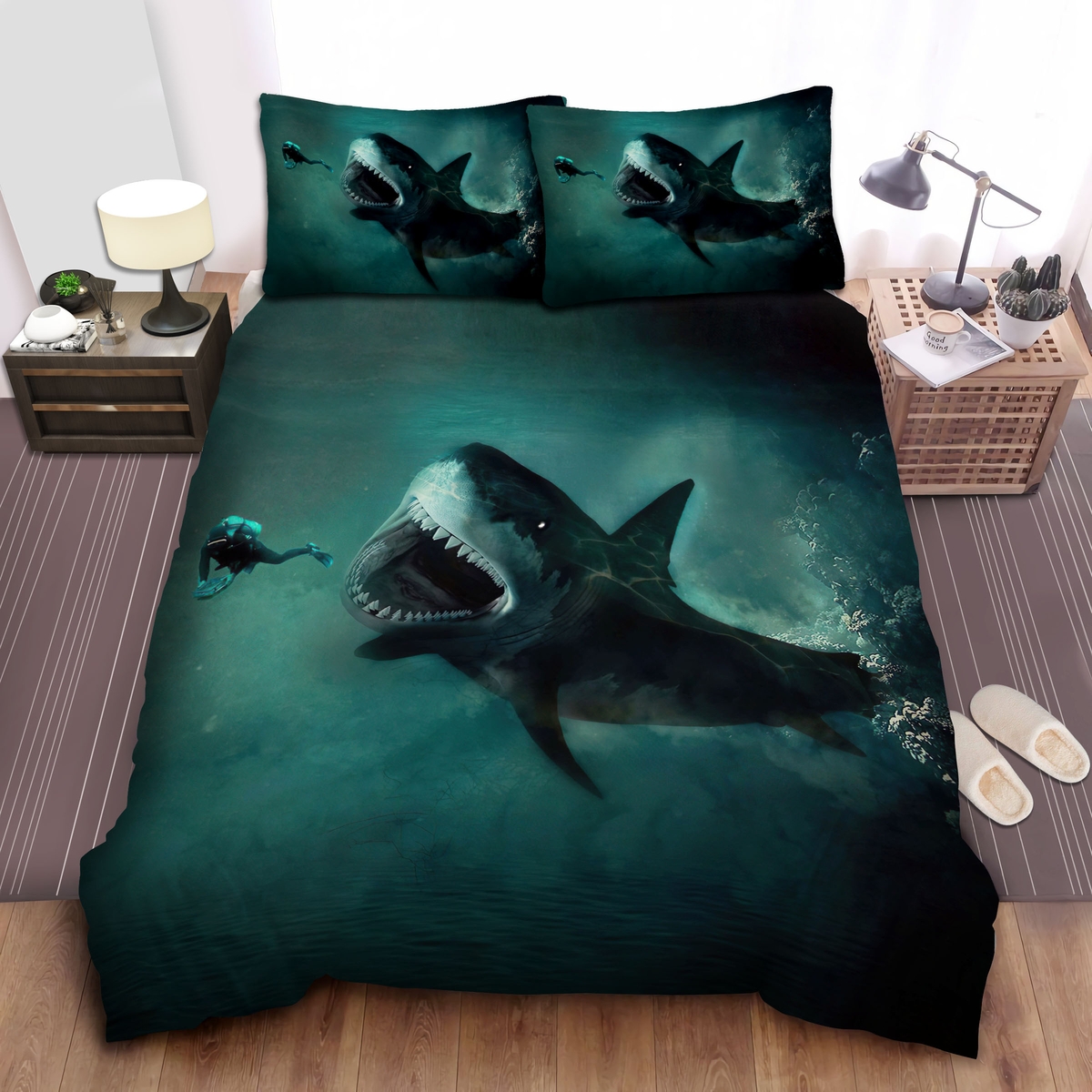 Shark Chasing The Diver Bed Sheets Spread Duvet Cover Bedding Set - Unique Anime Apparel for Fans