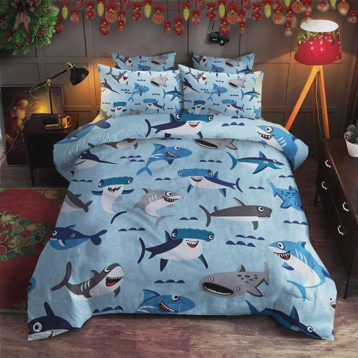 Shark Cute Funny Sharks Smiling Perfect Gifts For Shark Lovers Bed Sheets Spread Duvet Cover Bedding Set - Unique Anime Apparel for Fans