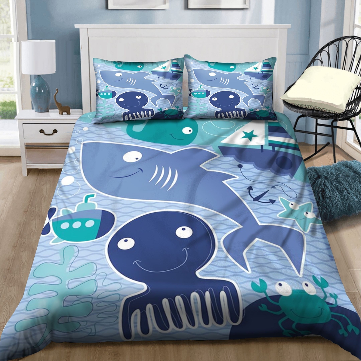 Shark Jellyfish Crab Ocean Life Bed Sheets Spread Duvet Cover Bedding Set - Unique Anime Apparel for Fans