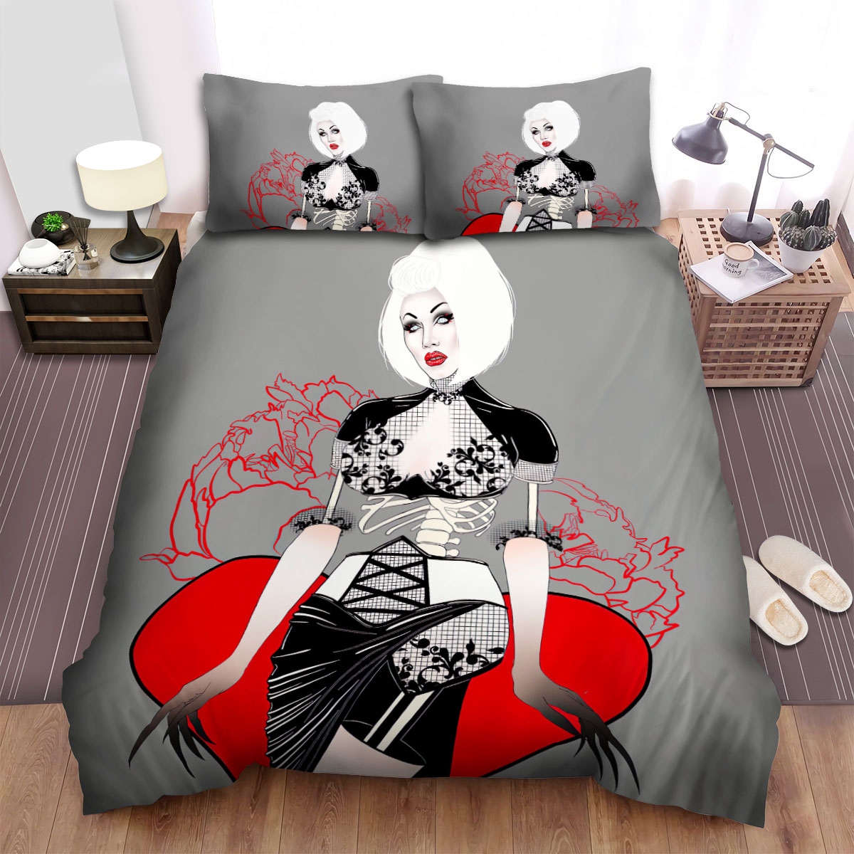 Sharon Needles Skeleton Art With Heart And Flowers Bed Sheets Spread Duvet Cover Bedding Set - Unique Anime Apparel for Fans