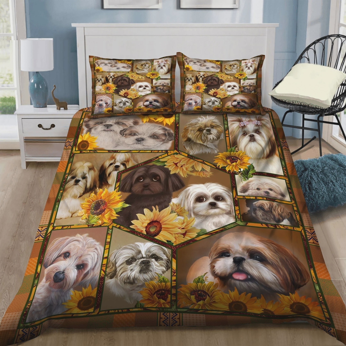 Shih Tzu Sunflower Square Bed Sheets Spread Duvet Cover Bedding Set - Unique Anime Apparel for Fans