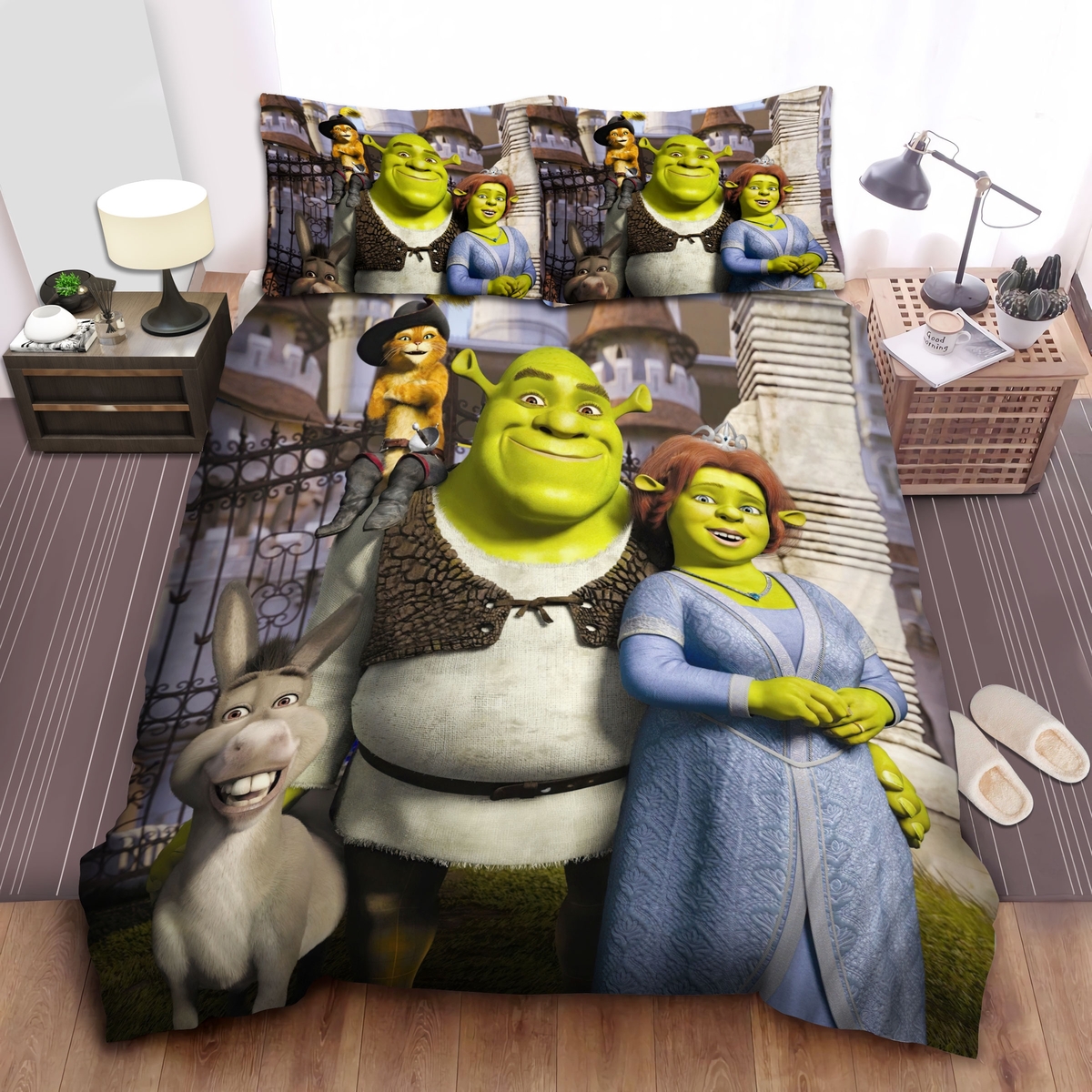Shrek, Puss In Boots On Shrek Shoulder Bed Sheets Spread Comforter Duvet Cover Bedding Set - Unique Anime Apparel for Fans