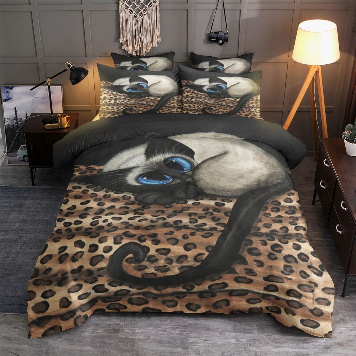Siamese Cat On Leopard Skin Background Bedding Set (Duvet Cover & Pillow Cases) - Unique Anime Apparel for Fans
