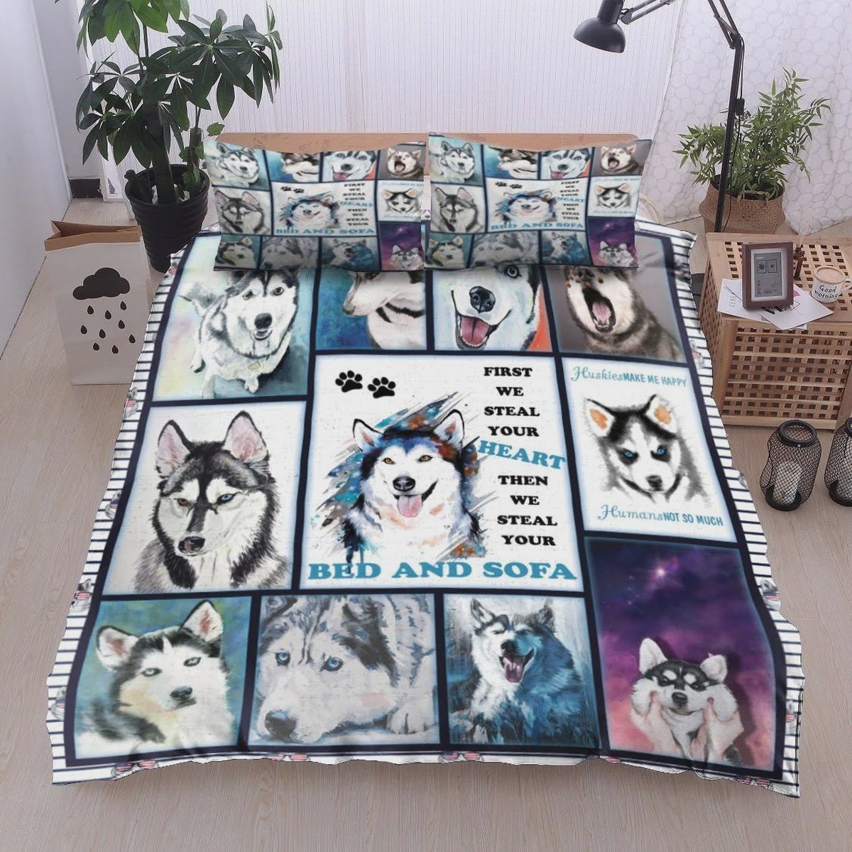 Siberian Husky First We Steal Your Heart Bed Sheets Spread Duvet Cover Bedding Set - Unique Anime Apparel for Fans