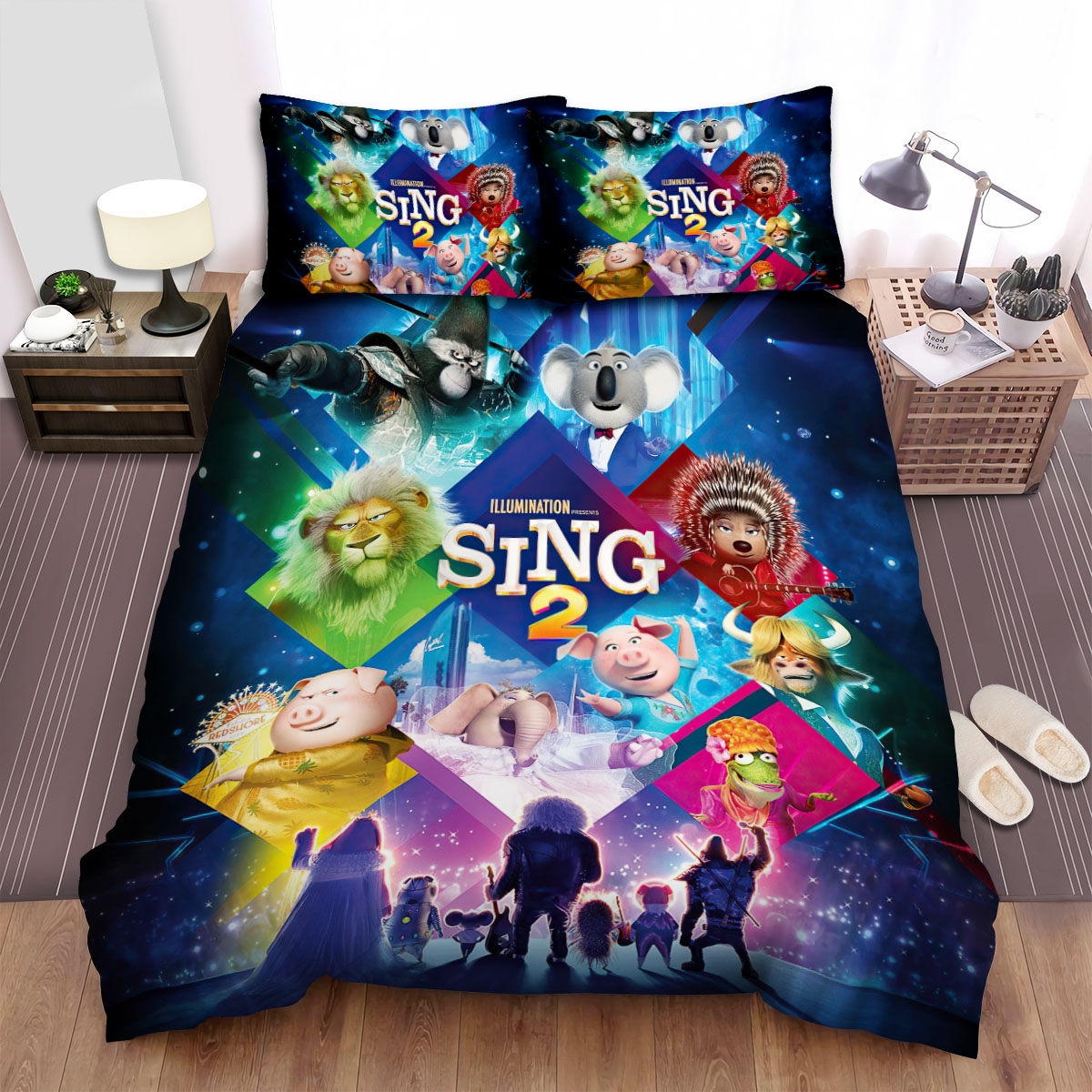 Sing 2 Movie Characters Under Stage's Lights Poster Bed Sheets Spread Duvet Cover Bedding Set - Unique Anime Apparel for Fans