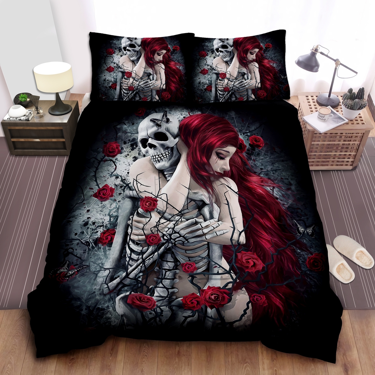 Skull & Roses Bed Sheets Spread Duvet Cover Bedding Set - Unique Anime Apparel for Fans