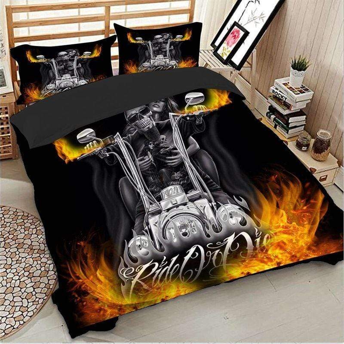 Skull 3d Motorcycle Biker Ride Or Die Bedding Set For Fans - Unique Anime Apparel for Fans