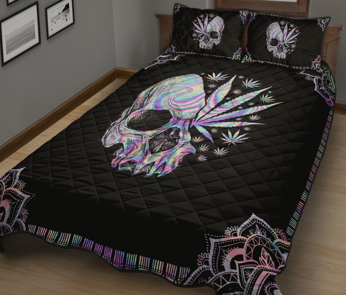 Skull And Weed Hologram Quilt Bedding Set - Unique Anime Apparel for Fans