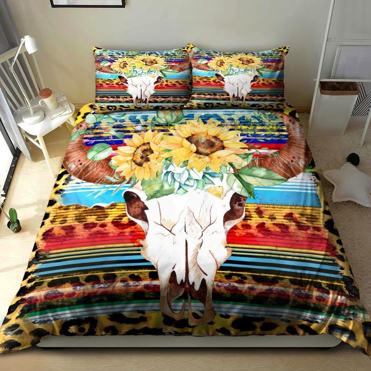 Skull Bull Cow Sunflower Bed Sheets Spread Duvet Cover Bedding Set - Unique Anime Apparel for Fans