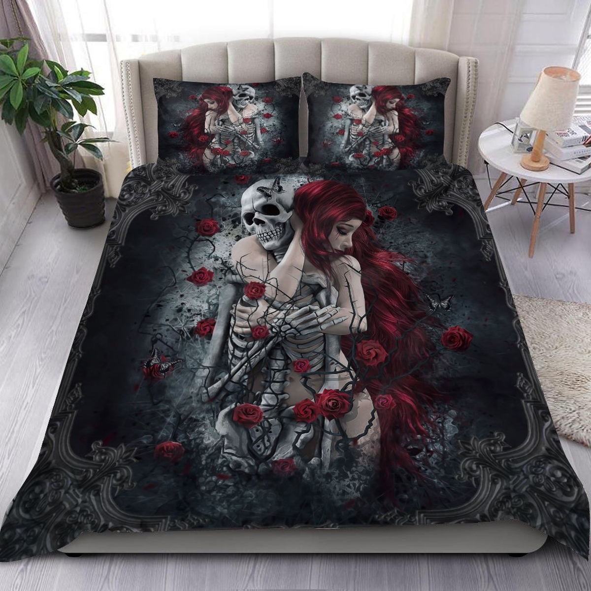 Skull Couple And Roses Bed Sheets Spread Duvet Cover Bedding Set - Unique Anime Apparel for Fans