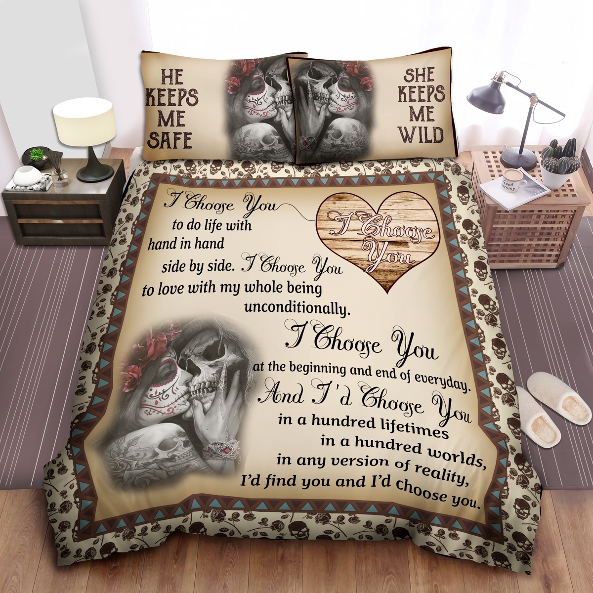 Skull Couple I Choose You To Do Life With Hand In Hand Bed Sheets Spread Duvet Cover Bedding Set - Unique Anime Apparel for Fans