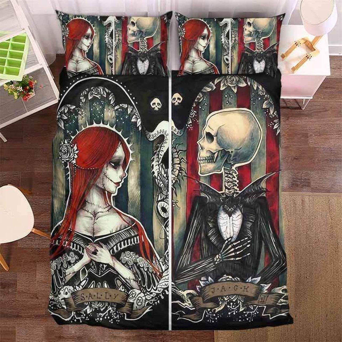 Skull Couple Love Bed Sheets Spread Duvet Cover Bedding Set - Unique Anime Apparel for Fans