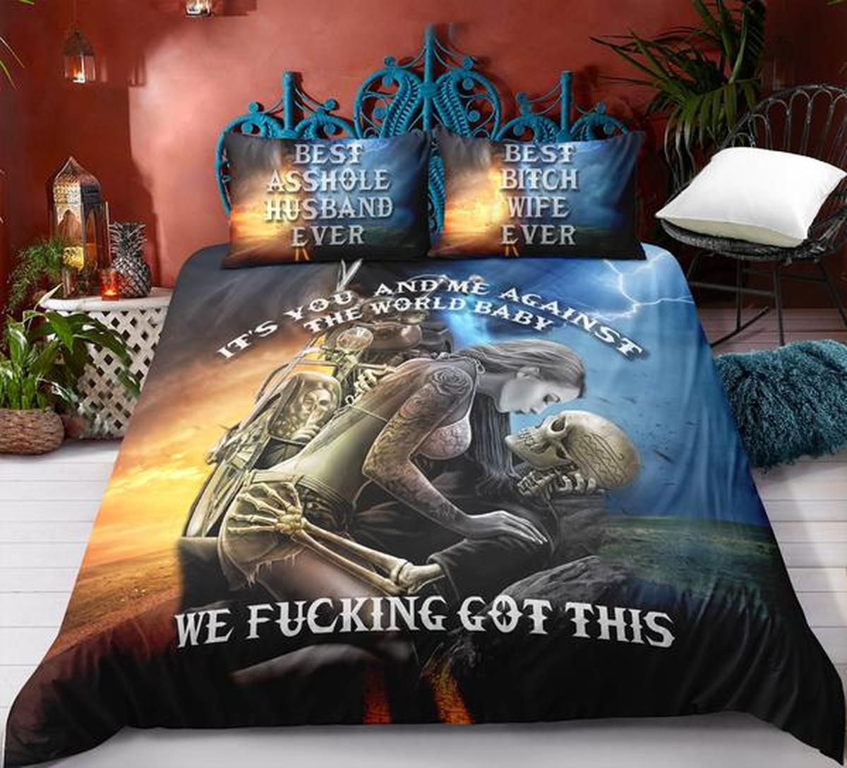 Skull Couple Love Husband And Wife Bed Sheets Spread Duvet Cover Bedding Set - Unique Anime Apparel for Fans