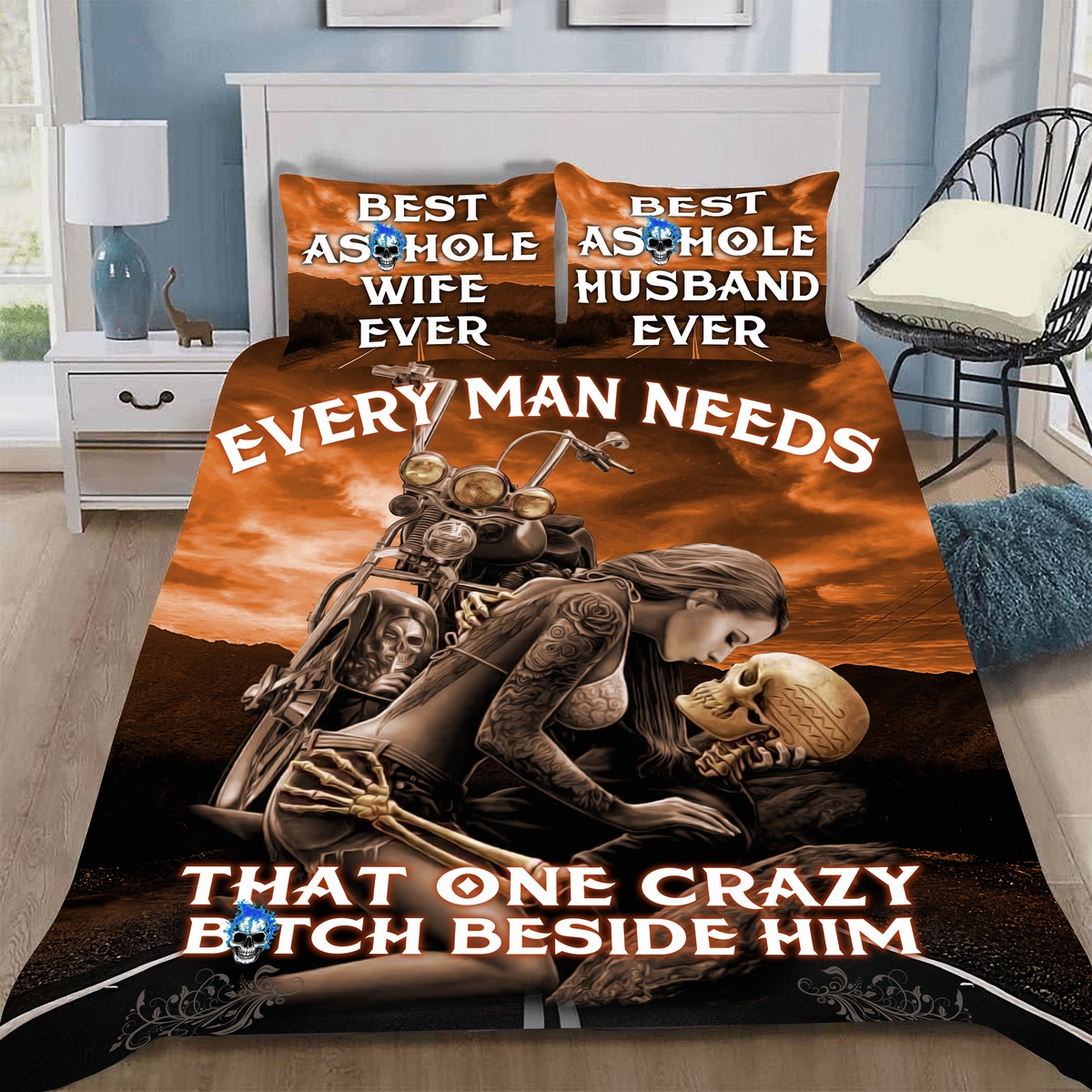 Skull Every Man Needs That One Crazy Bitch Beside Him Bed Sheets Spread Duvet Cover Bedding Set - Unique Anime Apparel for Fans