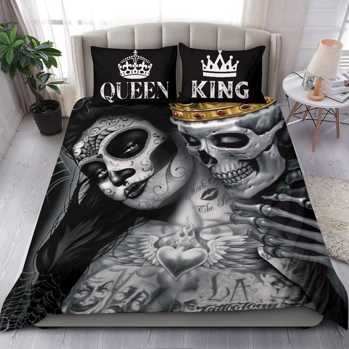 Skull King And Queen Bed Sheets Spread Duvet Cover Bedding Set - Unique Anime Apparel for Fans