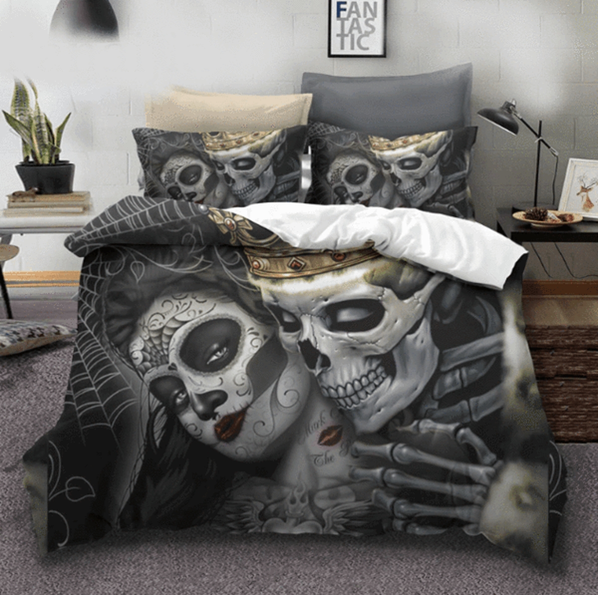 Skull King Kiss A Beauty Bed Sheets Spread Duvet Cover Bedding Set - Unique Anime Apparel for Fans
