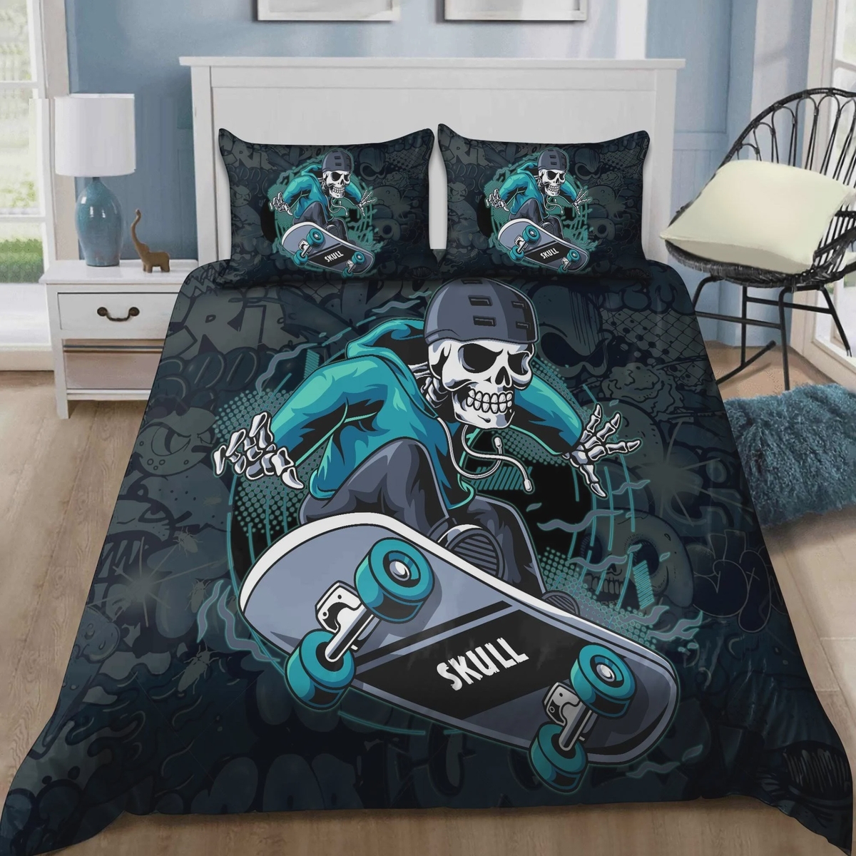 Skull King Skateboard Bed Sheets Spread Comforter Duvet Cover Bedding Set - Unique Anime Apparel for Fans
