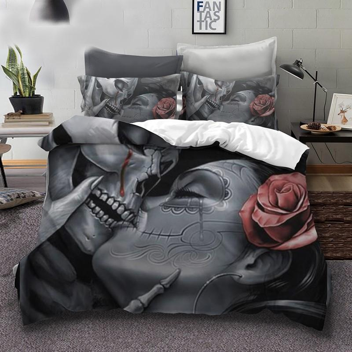 Skull Kiss Bed Sheets Spread Duvet Cover Bedding Set - Unique Anime Apparel for Fans