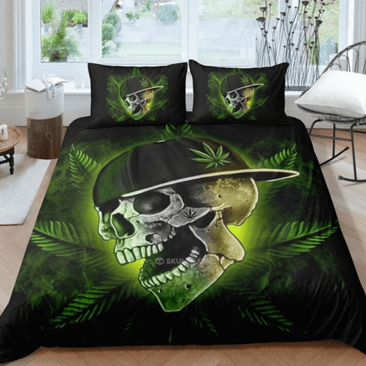 Skull Marijuana Leaf Bed Sheets Spread Duvet Cover Bedding Set - Unique Anime Apparel for Fans