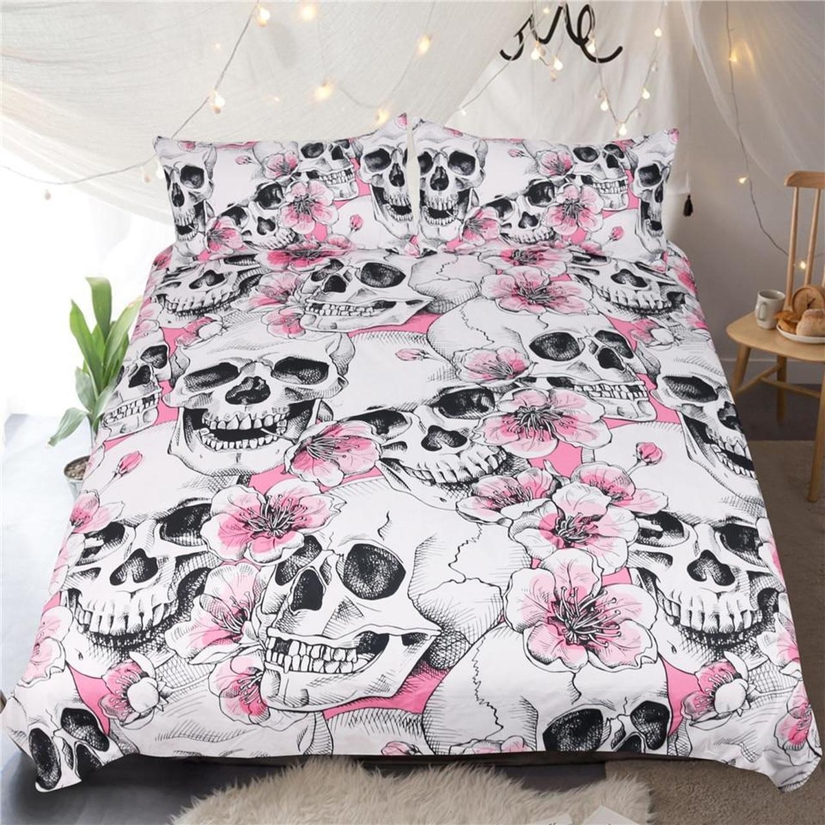 Skull Pink Floral Pattern Bedding Set (Duvet Cover & Pillow Cases) - Unique Anime Apparel for Fans