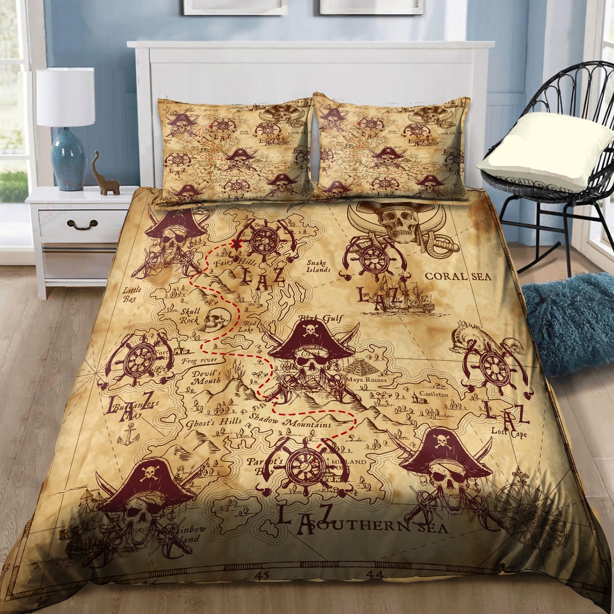 Skull Pirate Caribbean Map Bedding Set Bed Sheets Spread Duvet Cover Bedding Set - Unique Anime Apparel for Fans