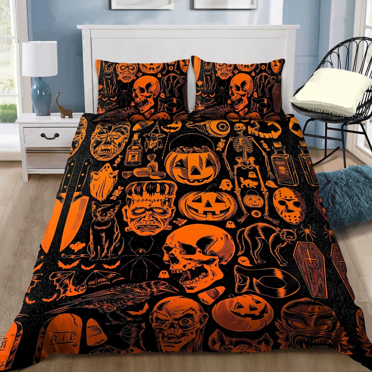 Skull Pumpkin Halloween Bedding Set Bed Sheets Spread Duvet Cover Bedding Set - Unique Anime Apparel for Fans