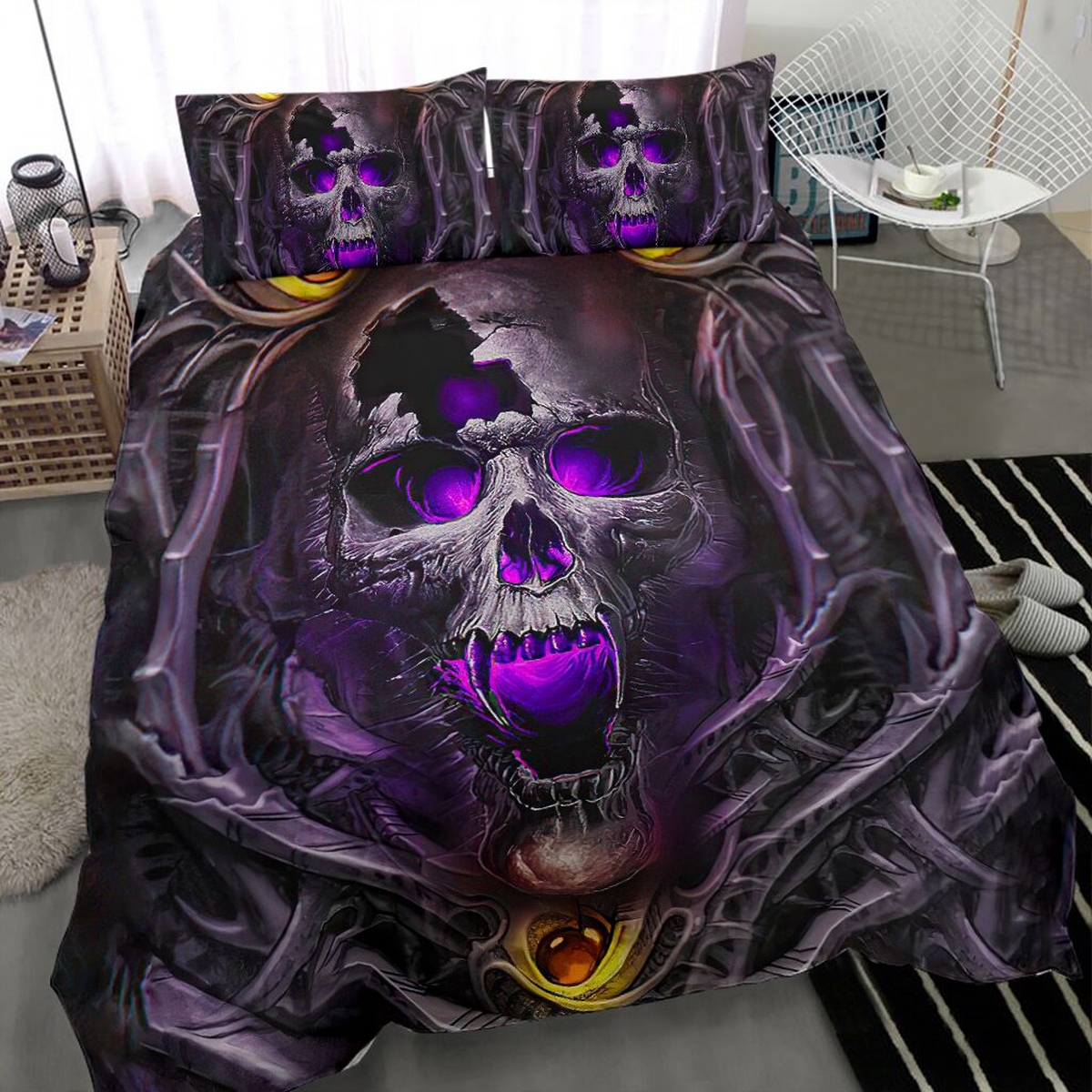 Skull Violet Light Inside Bed Sheets Spread Duvet Cover Bedding Set - Unique Anime Apparel for Fans