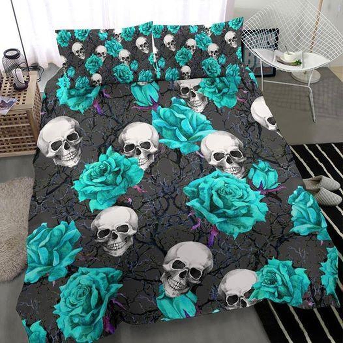 Skull With Blue Rose Duvet Cover Bedding Set - Unique Anime Apparel for Fans