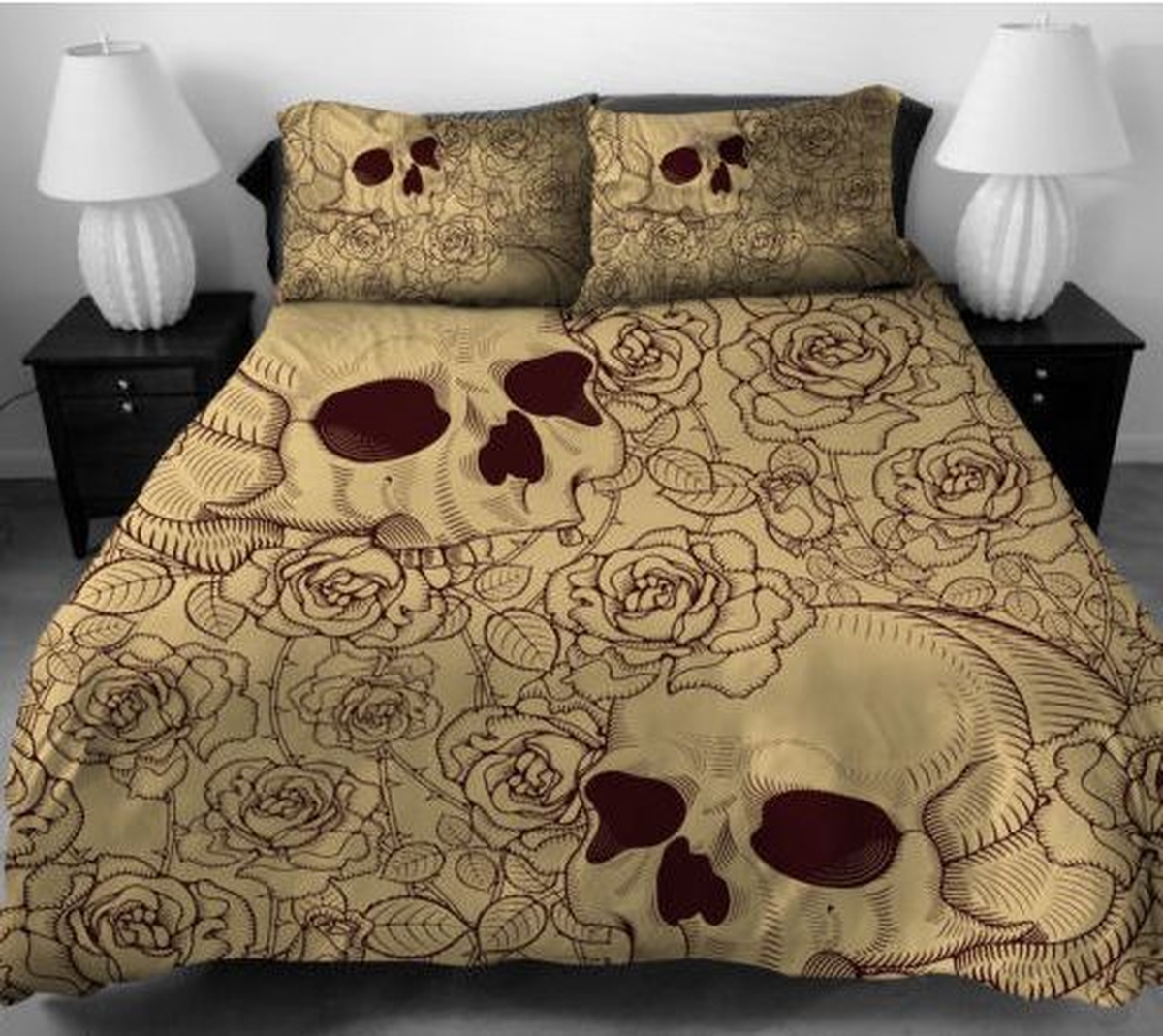 Skulls And Roses Illustration Bed Sheets Spread Comforter Duvet Cover Bedding Set - Unique Anime Apparel for Fans