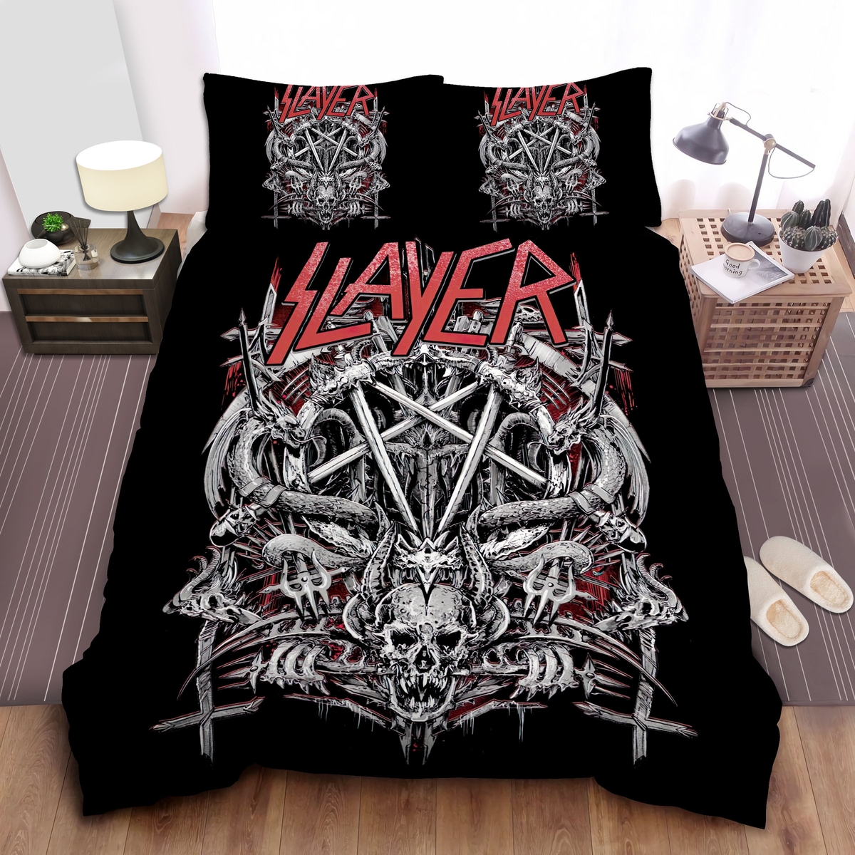 Slayer Hard Metal Demonic Skeleton Art Bed Sheet Spread Duvet Cover Bedding Set - Unique Anime Apparel for Fans
