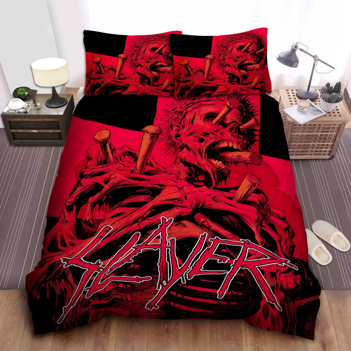 Slayer Nailed Skeleton In Red Art Bed Sheet Spread Comforter Duvet Cover Bedding Set - Unique Anime Apparel for Fans