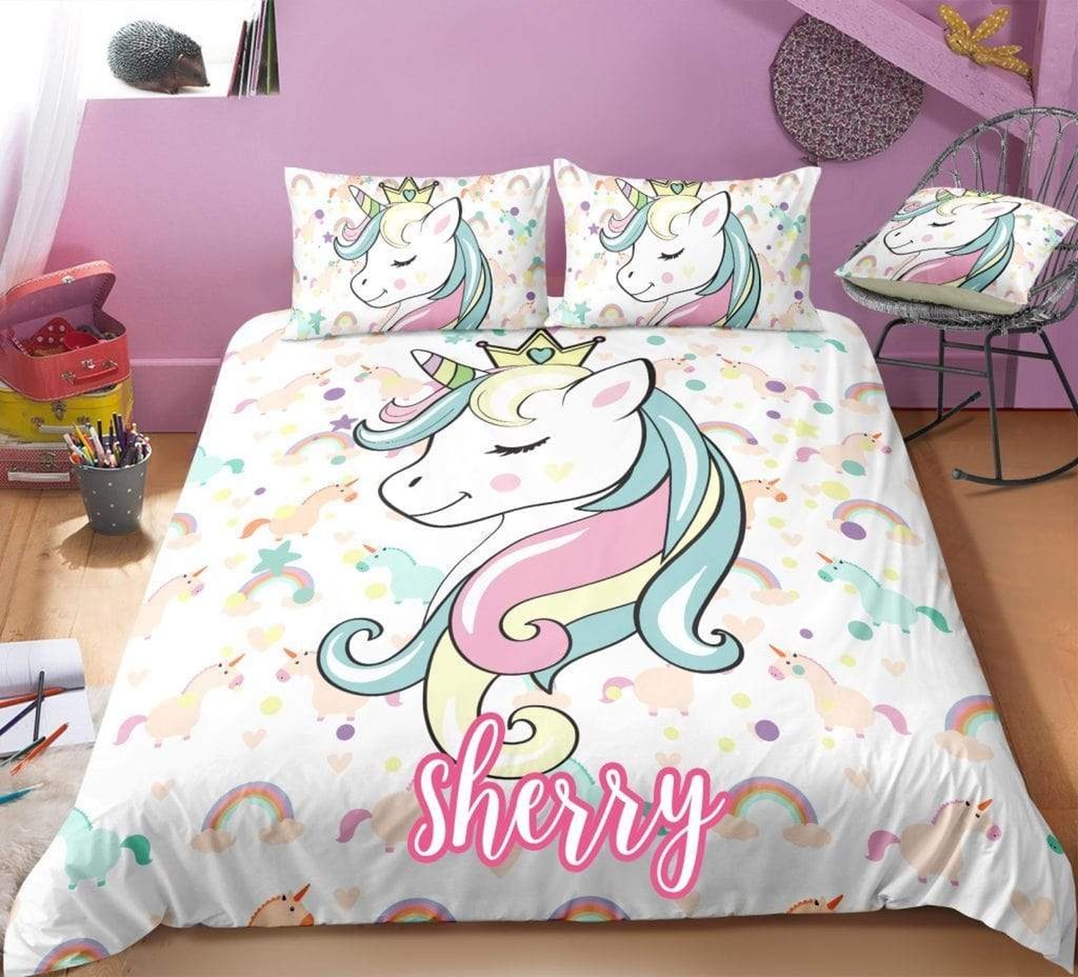 Sleeping Unicorn Bedding Custom Name Duvet Cover Bedding Set - Unique Anime Apparel for Fans