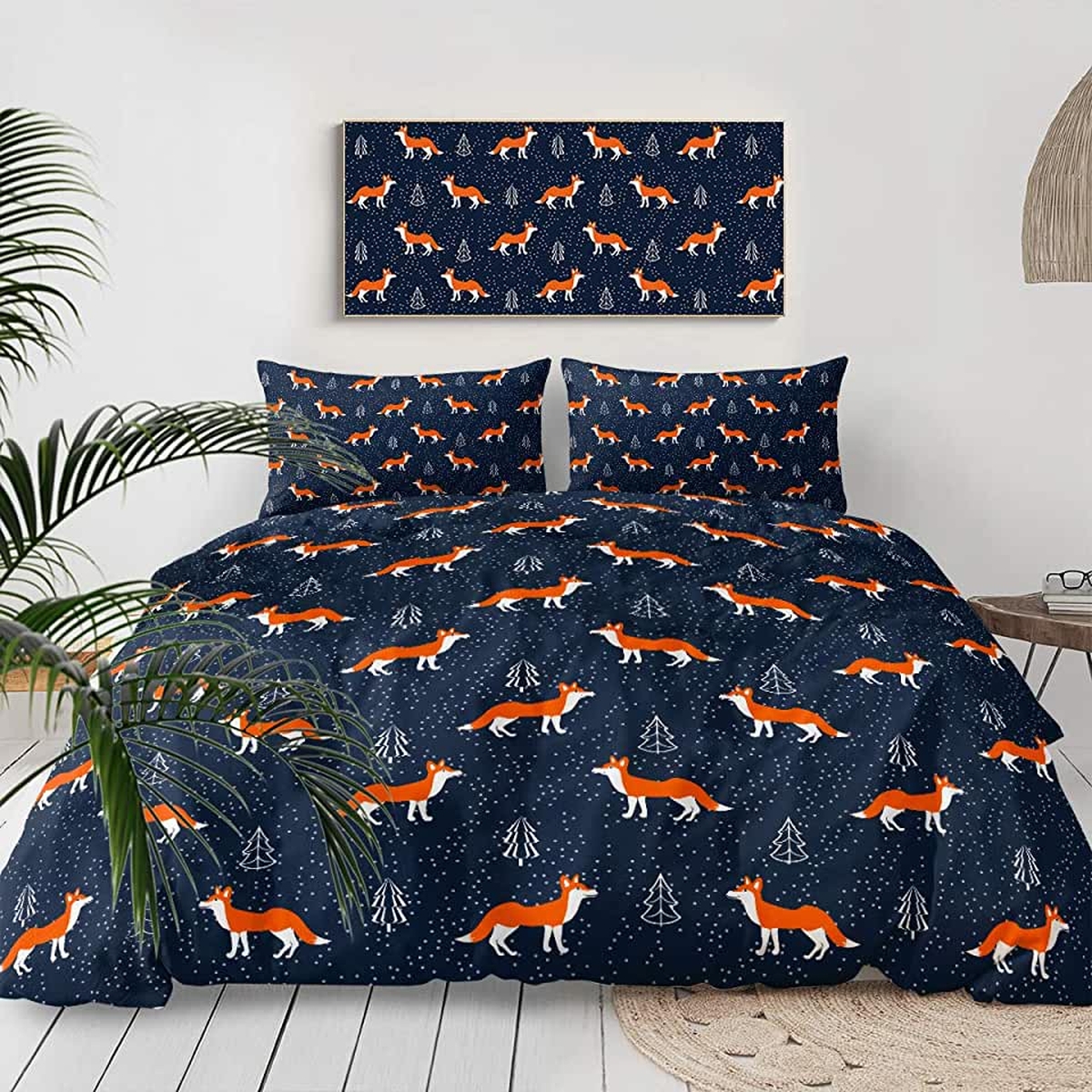 Sleepwish Fox Duvet Cover 3 Piece Bedding Set Twin Navy Orange Fox in Snow Winter Woodland Theme Cover Sets for Kids Teens Boys Girls - Unique Anime Apparel for Fans